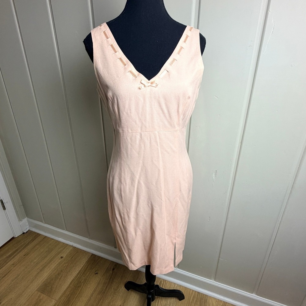 Vintage Newport News Styleworks Pink V-Neck Ribbon Bow Sheath Dress Sz 6 G1540